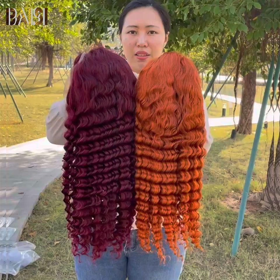 BAISI 13X4 lace Frontal Perruque Curly  Gingembre Orange ou 13X4 Lisse  en Couleur Marron 20 Pouces  100% Cheveux Humains