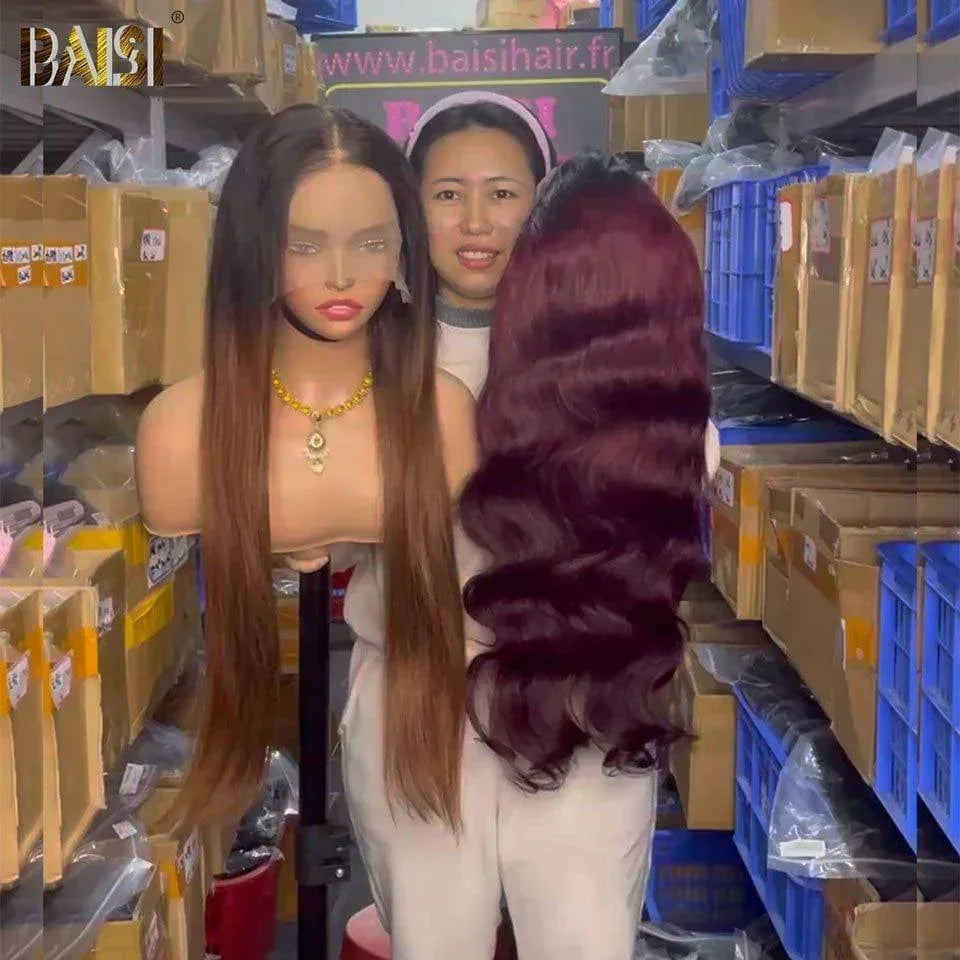 BAISI 13x4 Lace Frontal Straight or body wave wig in color 1BT4# or Burgundy #1B99J in 100% Human Hair