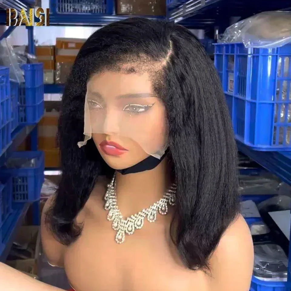 BAISI 13X4 Kinky Straight Bob Wig em preto 12 polegadas € 140 em 100% cabelo cru 4C Hairline Vietnam Hair 300% de densidade ao longo de 20 anos de uso