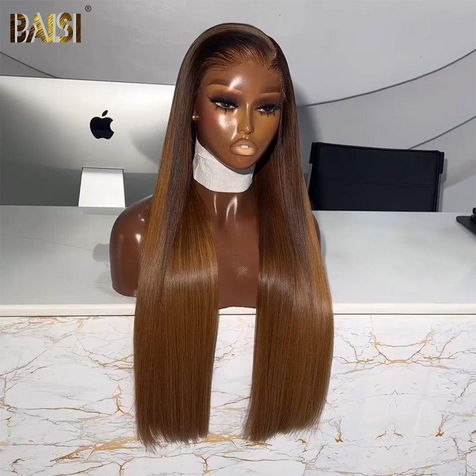 BAISI 13x4 Frontal Perruque Lisse en couleur #4T30 Pré-plucked Pas Besoin de Colle en 100% Raw Hair Lace déjà couper