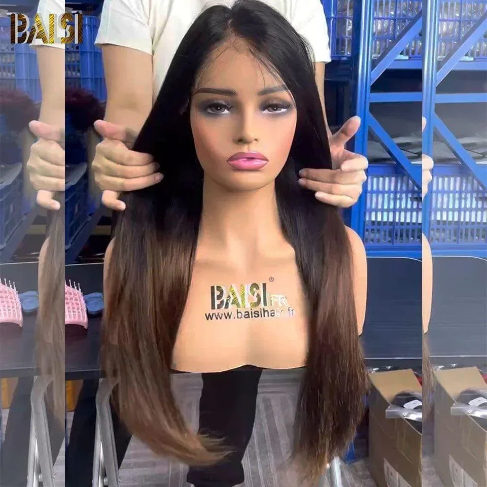 BAISI 13x4 Frontal Straight Wig in color #1B4 Pre-plucked No Glue Needed 250% density over 20 years of use in 100% Raw Hair Lace already cut B