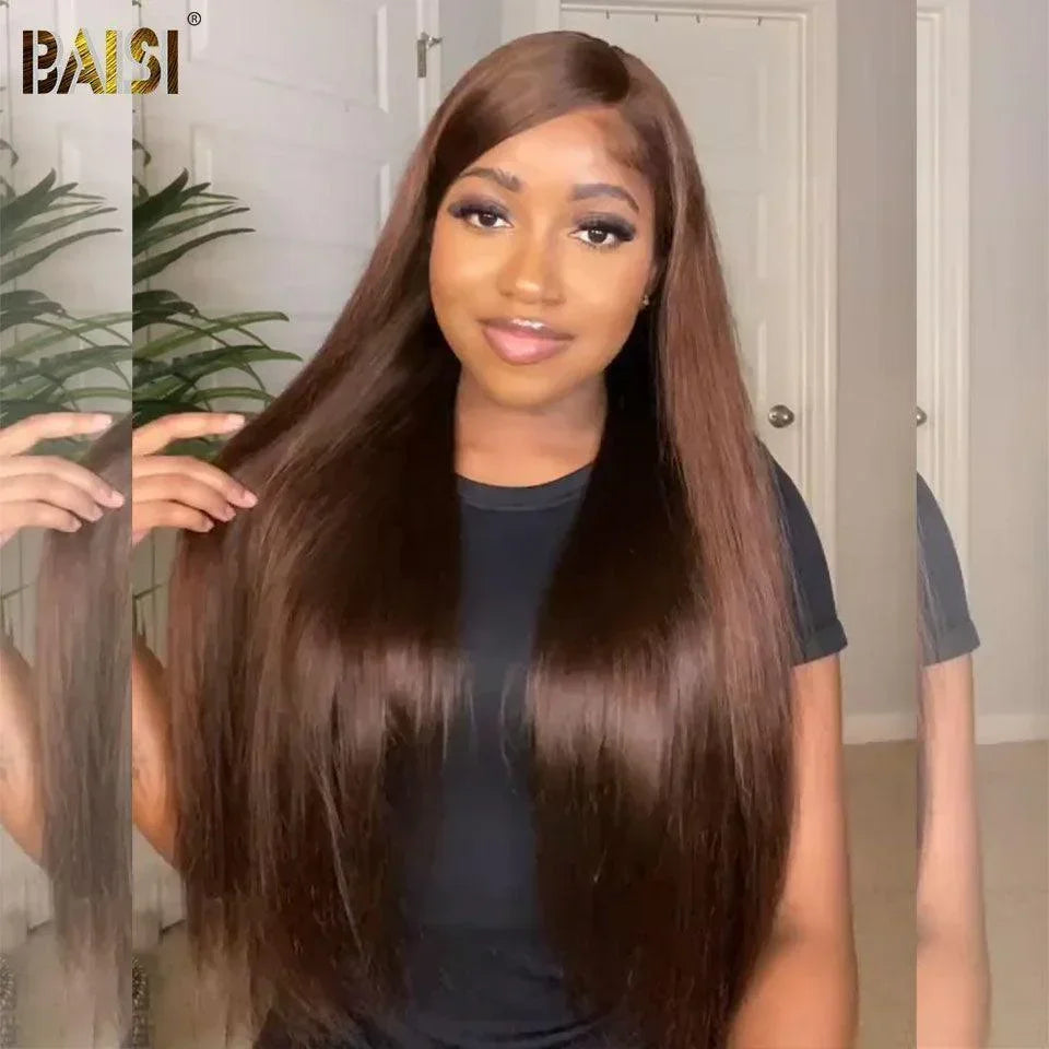 BAISI 100% Human Hair Brown Color #4 Long Straight Wig