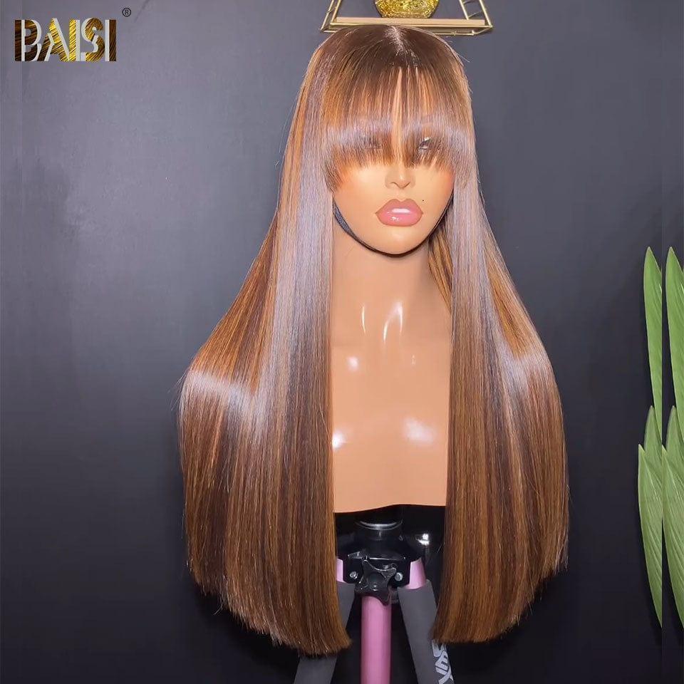 BAISI Chinese Cut Glueless Lace Front Wig Mixed 4#mix27# Straight Long With Bangs in 100% Human Hair