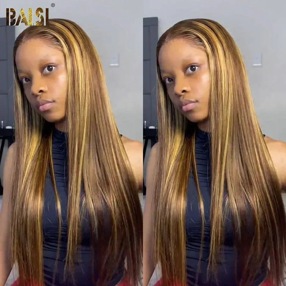BAISI 13x4 Lace Frontal Perruque Lisse Miel #4MIX#27 en 100% Cheveux Humains 200% densité 16- 30 pouces