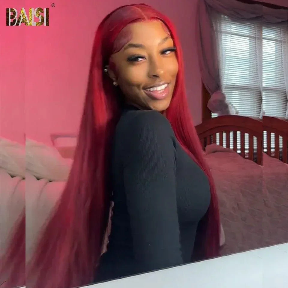 BAISI 13x4 Lace Frontal Wig Dark Red Straight or 1 Mixed Red Straight 20 inch 2X6 Vietnam Hair 189€ in 100% Human Hair