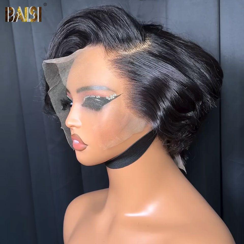 BAISI 13X4 Lace Frontal Pixie Cut Peruca em Preto 100% Cabelo Humano
