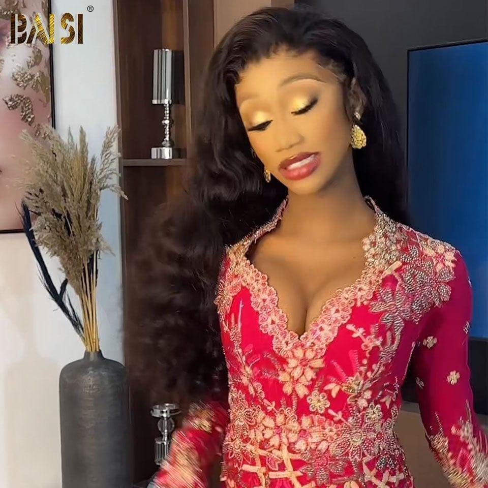 BAISI 13X4 Perruques de Luxe bouncy Curly 24 pouces A1 Fabriquées par les cheveux double drawn mèches vièges volume 340g  plus de 20 ans d' utilisations