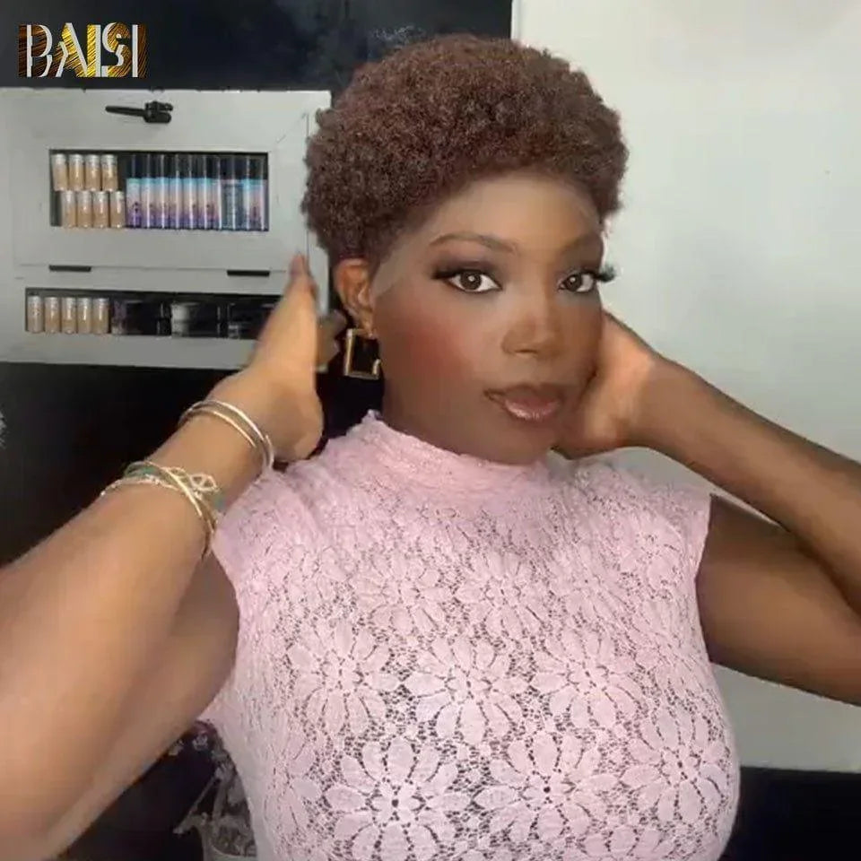 BAISI 13X4 lace Perruques Grande Promo arrivage pixie coupe afro Curly En marron #4 En 100% Cheveux Humains