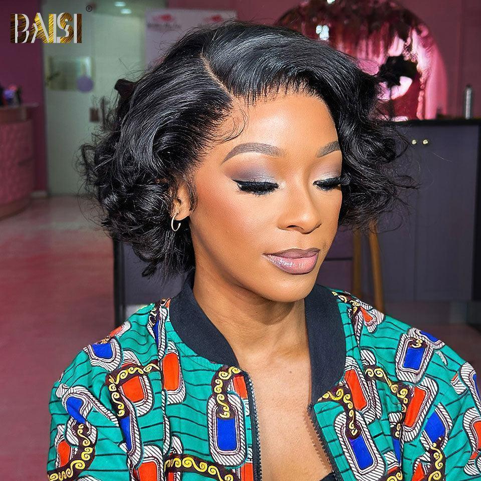 BAISI Vendita Flash 39€ Acconciatura Pixie Finger Wave in Francia 13x4 Fronte in Pizzo Parrucca Personalizzata con la Righetta Laterale in Colore Naturale