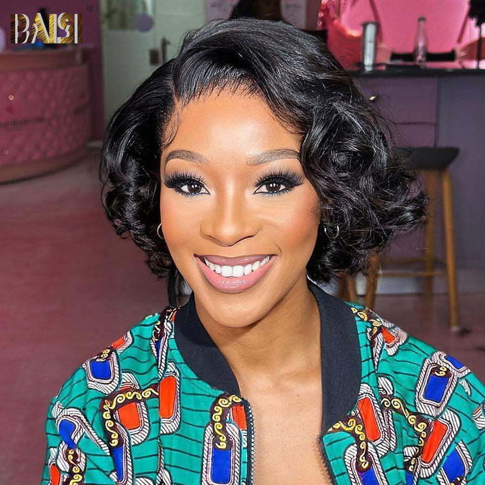 BAISI Vendita Flash 39€ Acconciatura Pixie Finger Wave in Francia 13x4 Fronte in Pizzo Parrucca Personalizzata con la Righetta Laterale in Colore Naturale