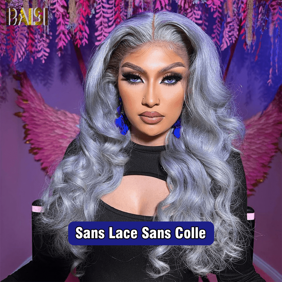 BAISI Collection Poivre et Sel 13x4 Perruque Body Wave En couleur Gris Sans Colle Lace déjà couper Facile à Porter en 100% Cheveux Humains
