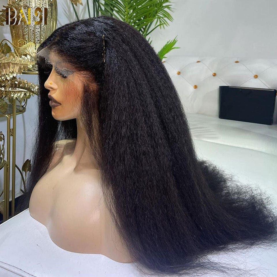BAISI Human Hair Kinky Straight Yaki Straight Lace Front Wig 100% Human Hair Good Quality B