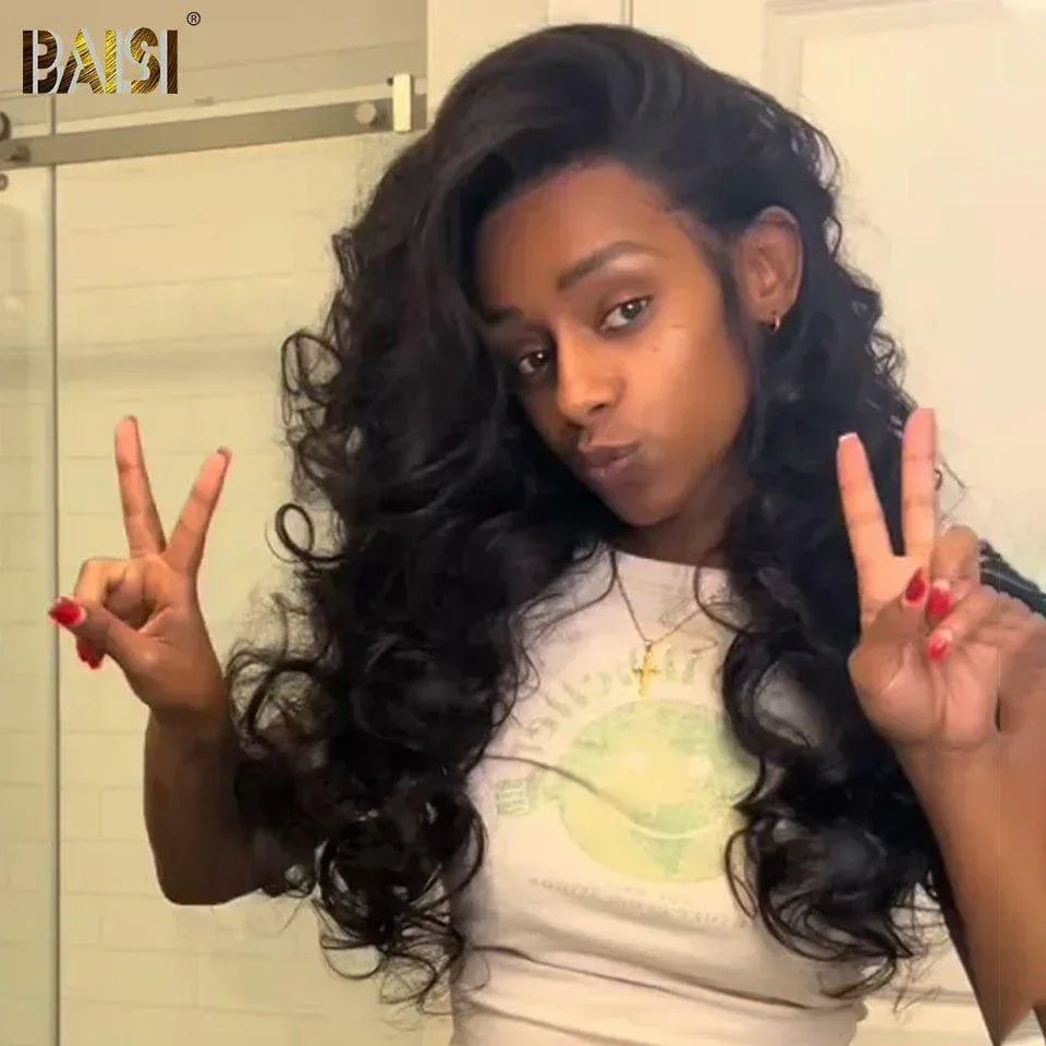 BAISI 13X4 lace Wig Natural wave 19-22 Inches black 300% Density in 100% Human Hair FR20