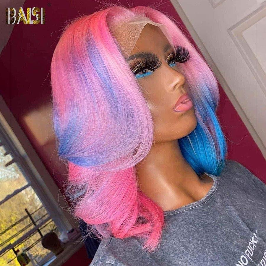 Parrucca frontale BAISI 13x4 Bob ondulata in colore rosa con riflessi blu in capelli umani veri al 100%