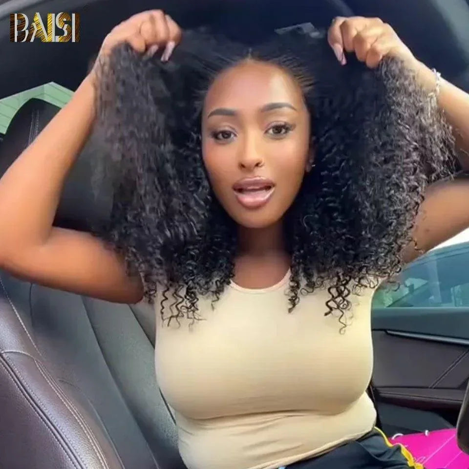 BAISI Peluca de encaje frontal 13X4 Afro rizado 16 pulgadas 300% densidad Cordón sin pegamento ya cortado en gama alta con cabello de bebé cabello humano natural 100% real con línea de cabello 4C