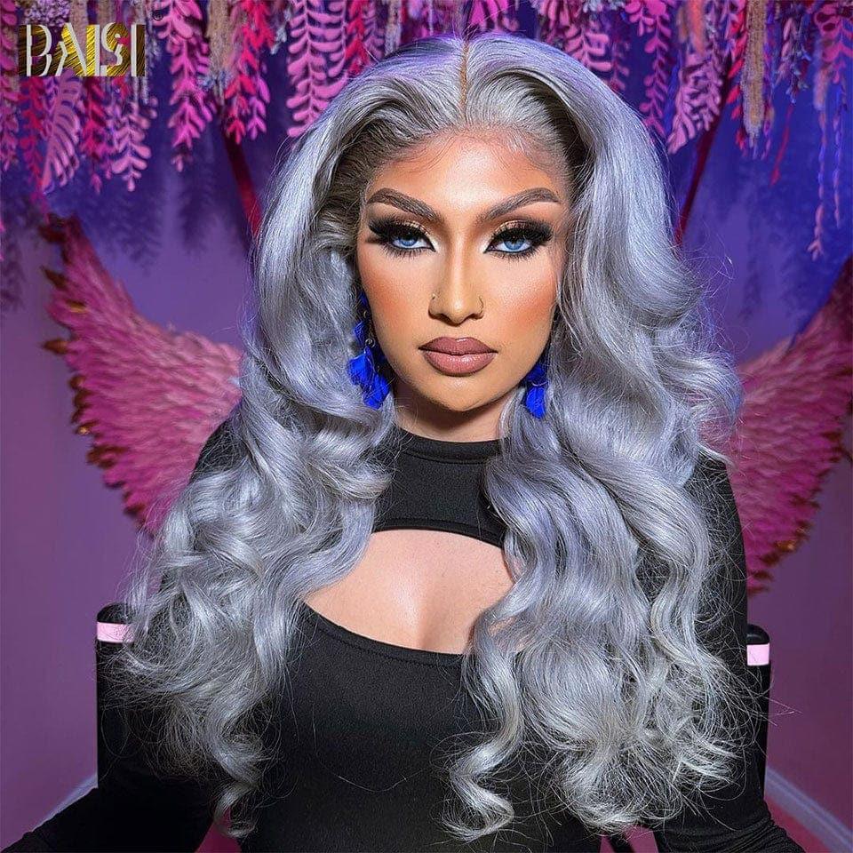 BAISI Collection Poivre et Sel 13x4 Perruque Body Wave En couleur Gris Sans Colle Lace déjà couper Facile à Porter en 100% Cheveux Humains