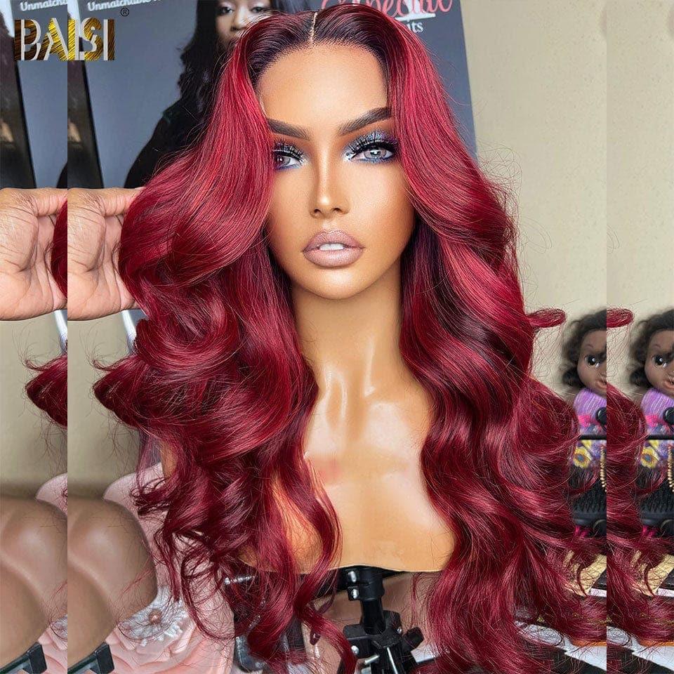 BAISI 13x4 Perruque Body Wave En couleur Bordeaux #1B99J Sans Colle Lace déjà couper Facile à Porter en 100% Cheveux Humains