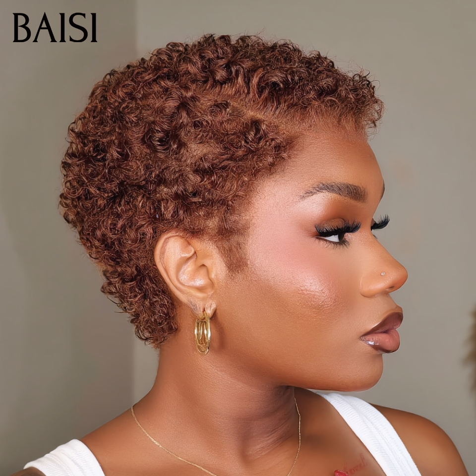 BAISI 13x4 LAce Pixie Afro Curly Couleur Marron 4#  66€ Petite Coupe Elégante et Charmante Pour l'Eté En 100% Cheveux Humains