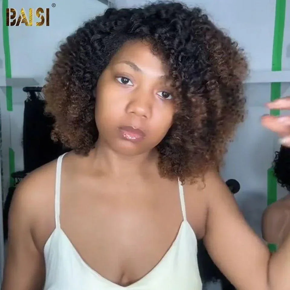 BAISI 13X4 Perruque Afro Curl 14 pouces en couleur Noir  Marron #1BT4# Pré-plucked Pas Besoin de Colle en 100% Raw Hair Lace déjà couper