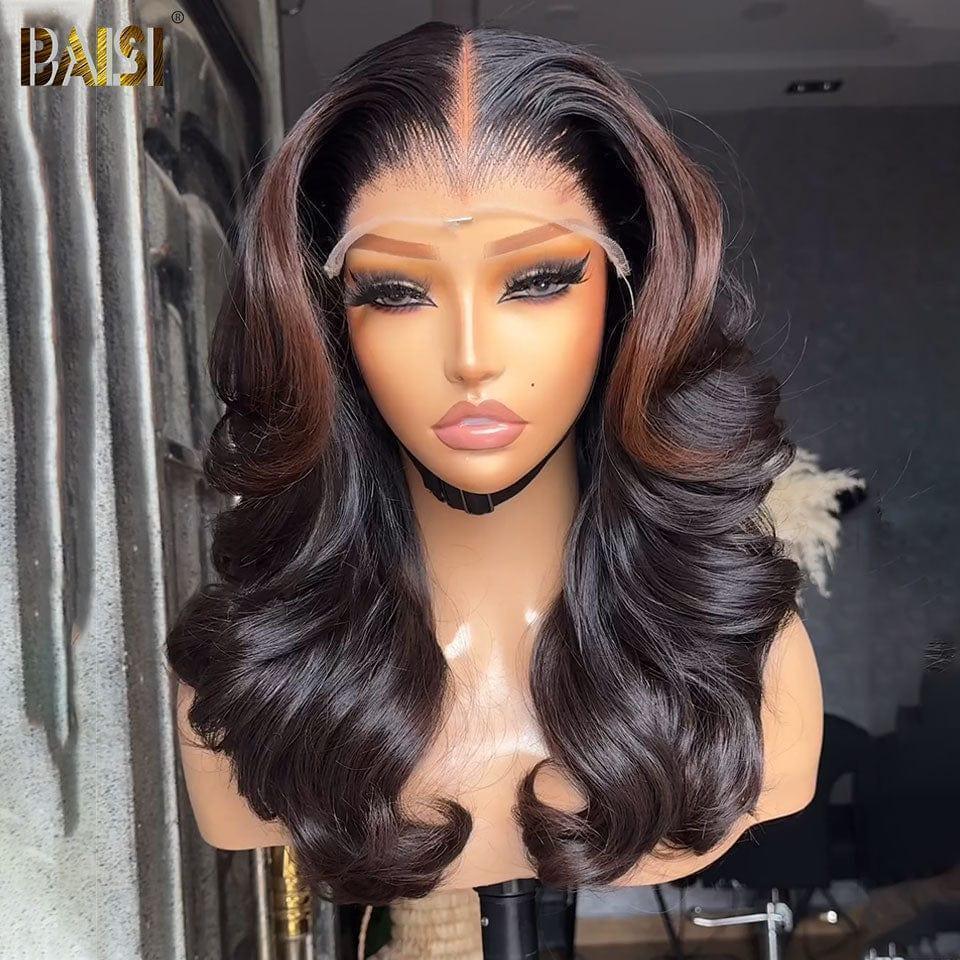 BAISI 13X4 Luxus-Wellenperücken von hoher Qualität in schwarzbrauner Farbe 1B#4# 250 % Dichte, mehr als 20 Jahre im Einsatz