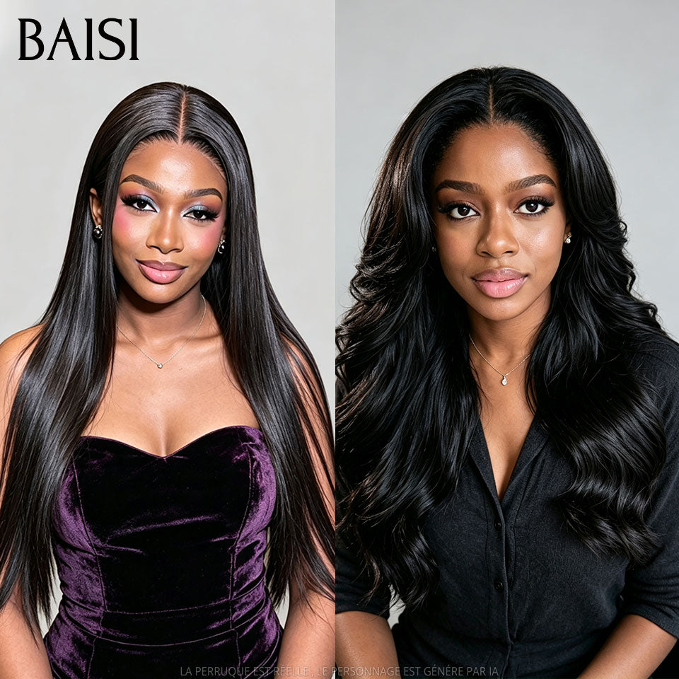 BAISI 13x4 Lace Frontalle 2 Perruques Prix D'Usine 190€ Longue 20 Pouces Lisse + Ondulée Sans Colle Facile à Porter en 100% vrais cheveux humains Lace déjà couper