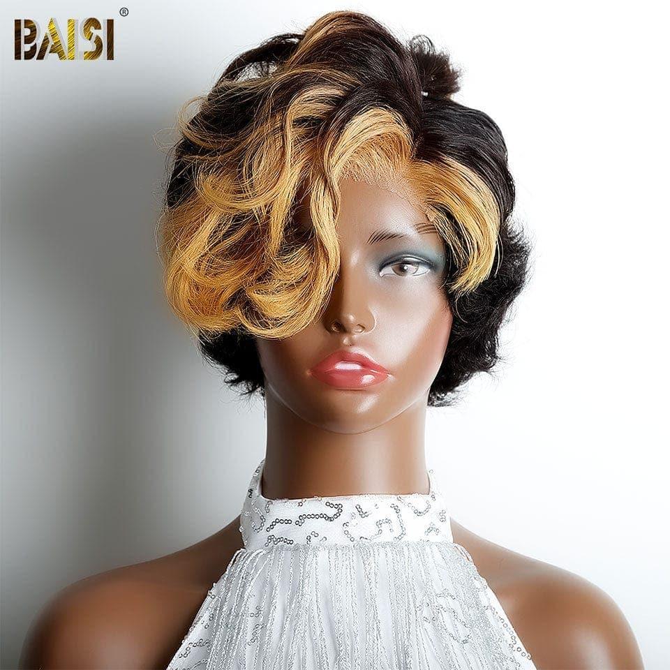 BAISI Perruque pixie Vague 5X5  En Couleur Noir et Miel 99€ en 100% Cheveux Humains