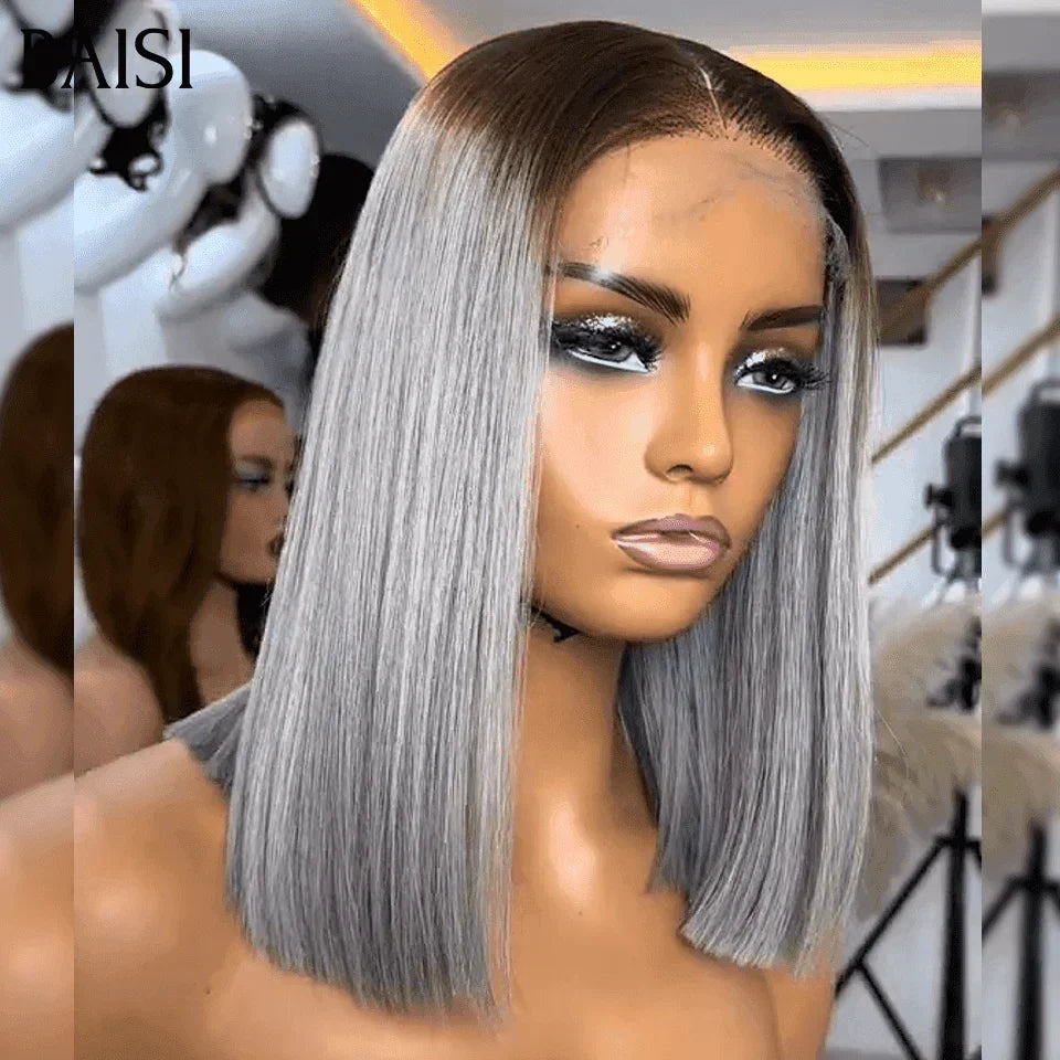 BAISI Collection Salt and Pepper SDD BONE STRAIGHT Wig Smooth Bob 2x6 Lace Closure 100% Vietnamese Hair in color #4/Grey 100% Real Human Hair