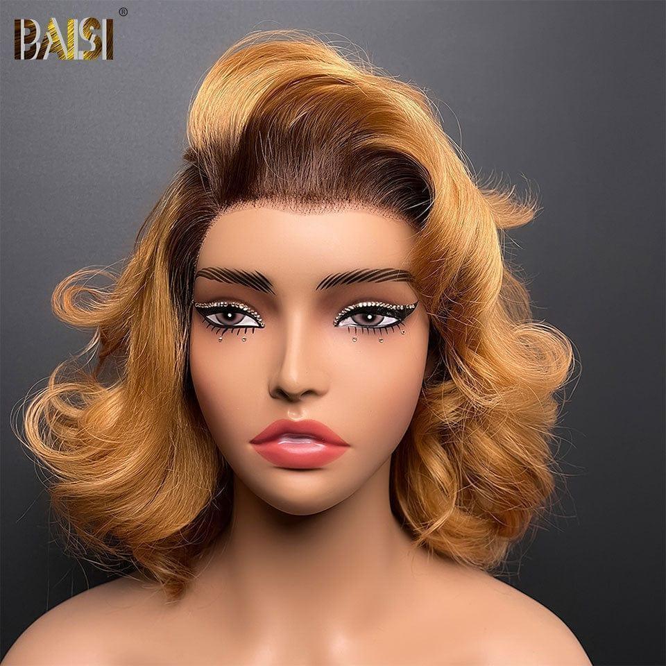 BAISI 13x4 Frontalperücke mit großen Locken 12 Zoll in Honigfarbe mit braunem Ansatz 4T27# 149 € in 100 % echtem Menschenhaar BS120