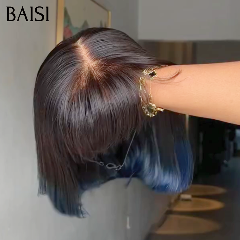 BAISI vente flash bob lisse avec frange bleu ou 2 perruques en Promo 162€ 5x5 lace egg wave 1BT4# 12 Pouces et 4x4 lace curly wave moitié prix en 100% vrais cheveux humains mp50