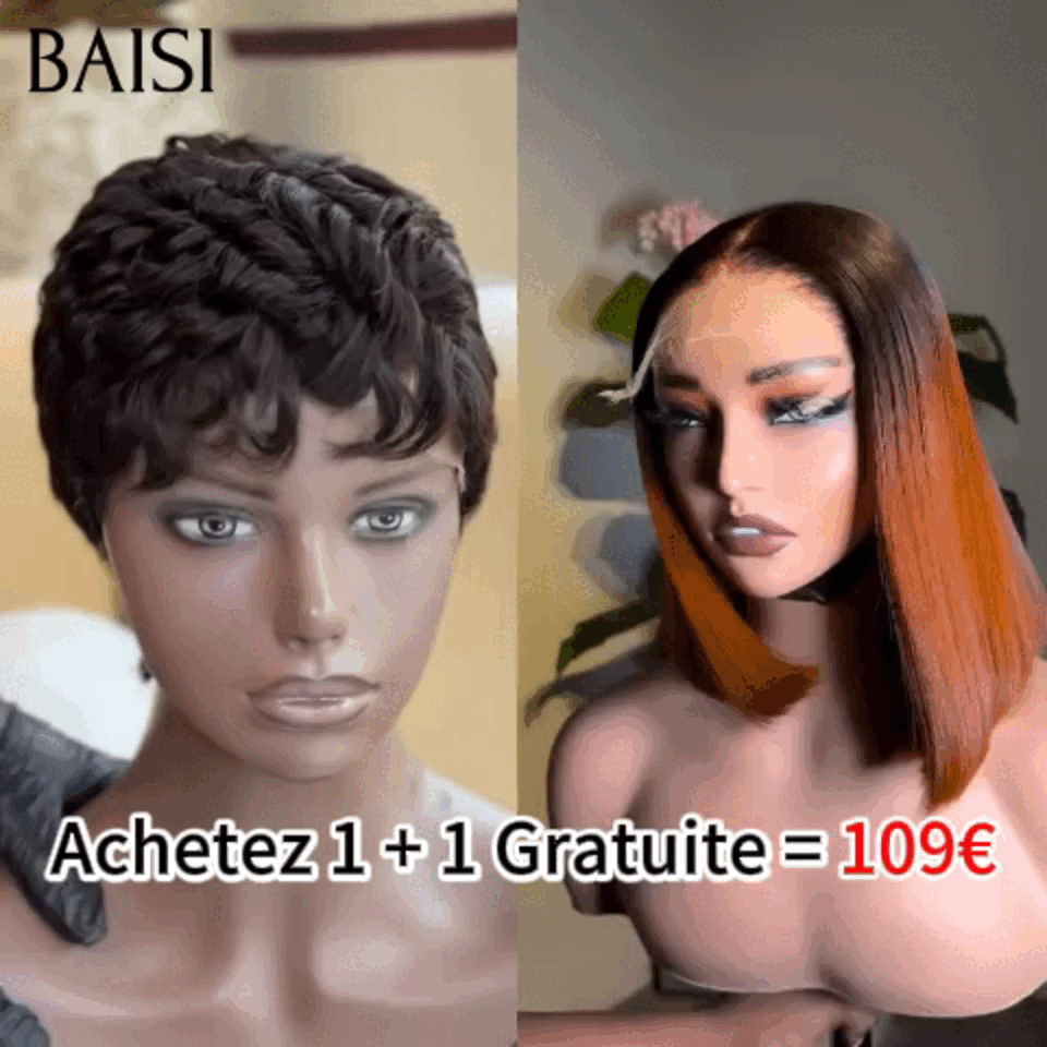 BAISI 1 Acheté + 1 Gratuite = 109€ sans colle finger wave pixie et 4X4 lace Lisse 1BT4# 8 Pouces en 100% vrais cheveux humains