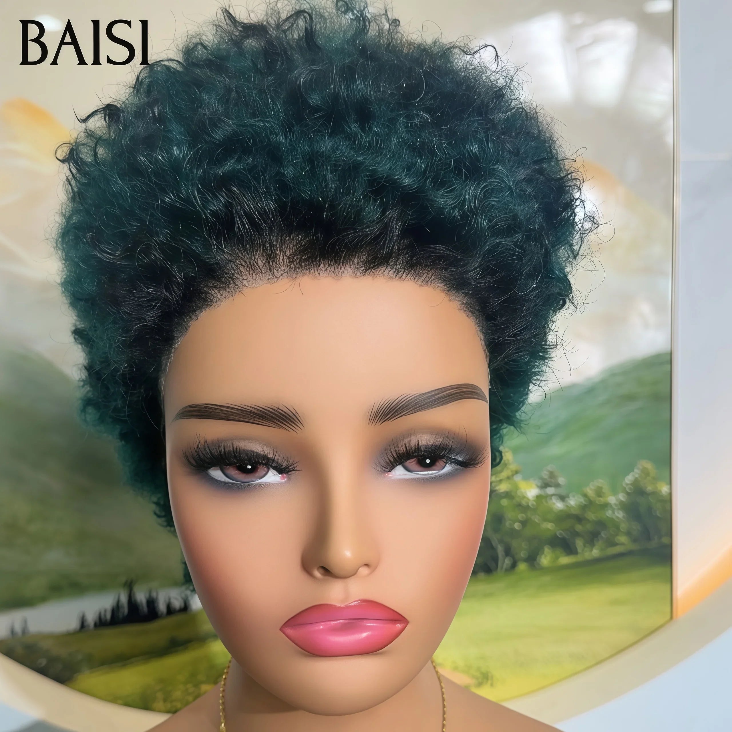 BAISI Collection Perruques Pixie Afro Curly Avec Frontale 98€ en couleur vert en 100% Cheveux Humains