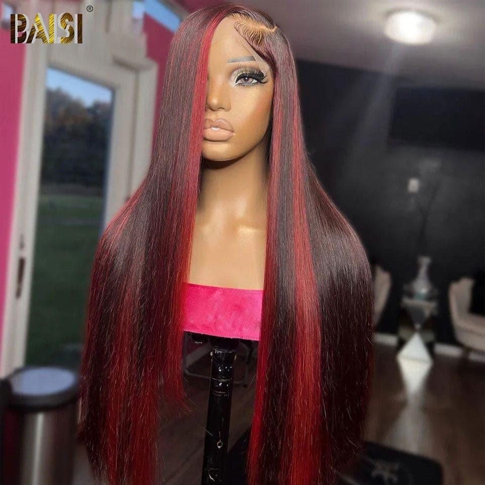 BAISI 13x4 Lace Frontal Perücke Glatt 1b rot meliert aus 100% Echthaar