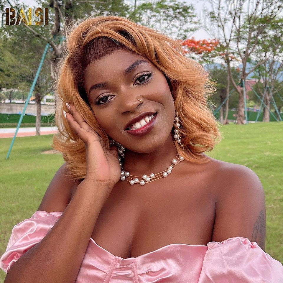 BAISI 13x4 Frontalperücke mit großen Locken 12 Zoll in Honigfarbe mit braunem Ansatz 4T27# 149 € in 100 % echtem Menschenhaar BS120