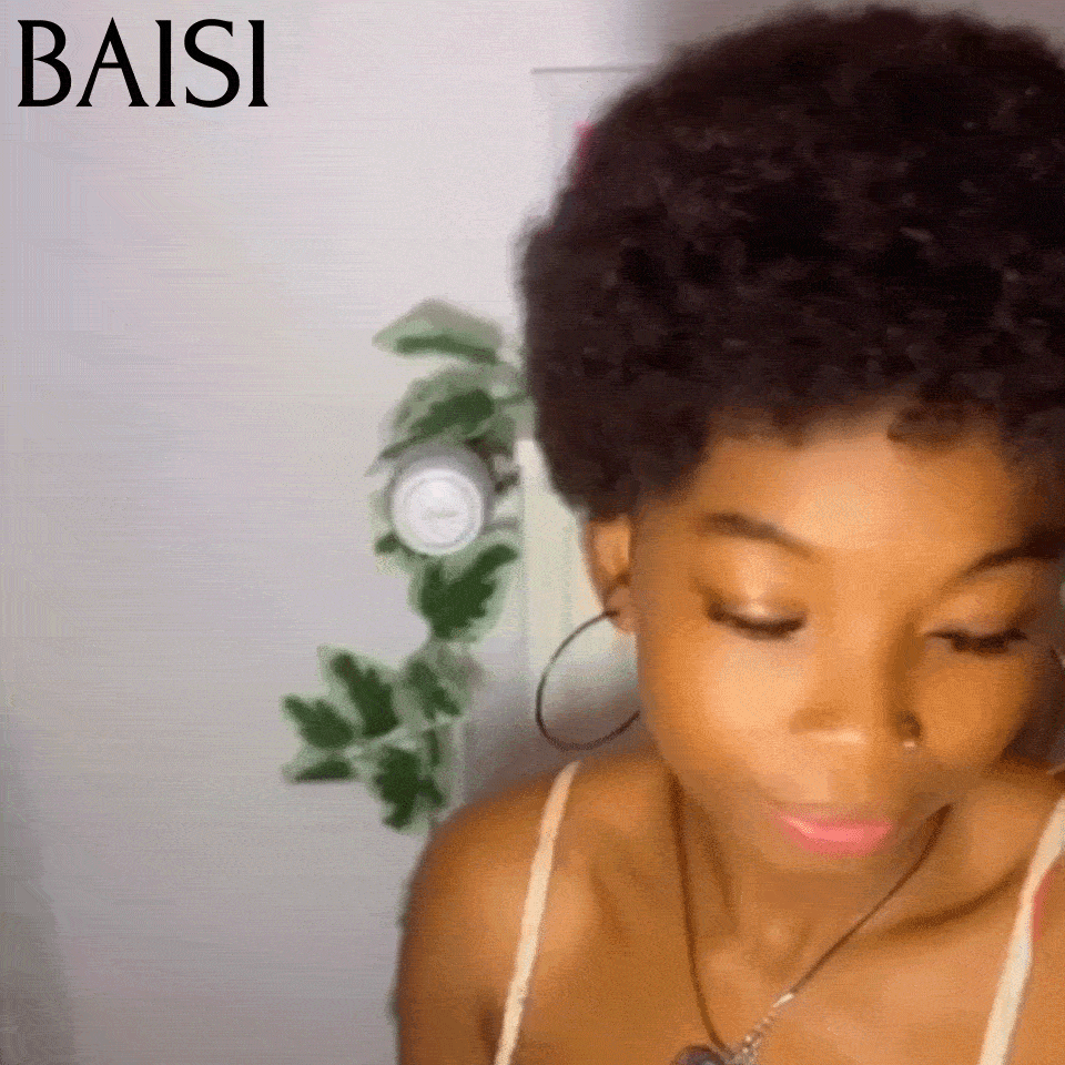 BAISI  Perruques Pixie Afro sans lace sans colle bouclé partout Noir en 100% cheveux humains