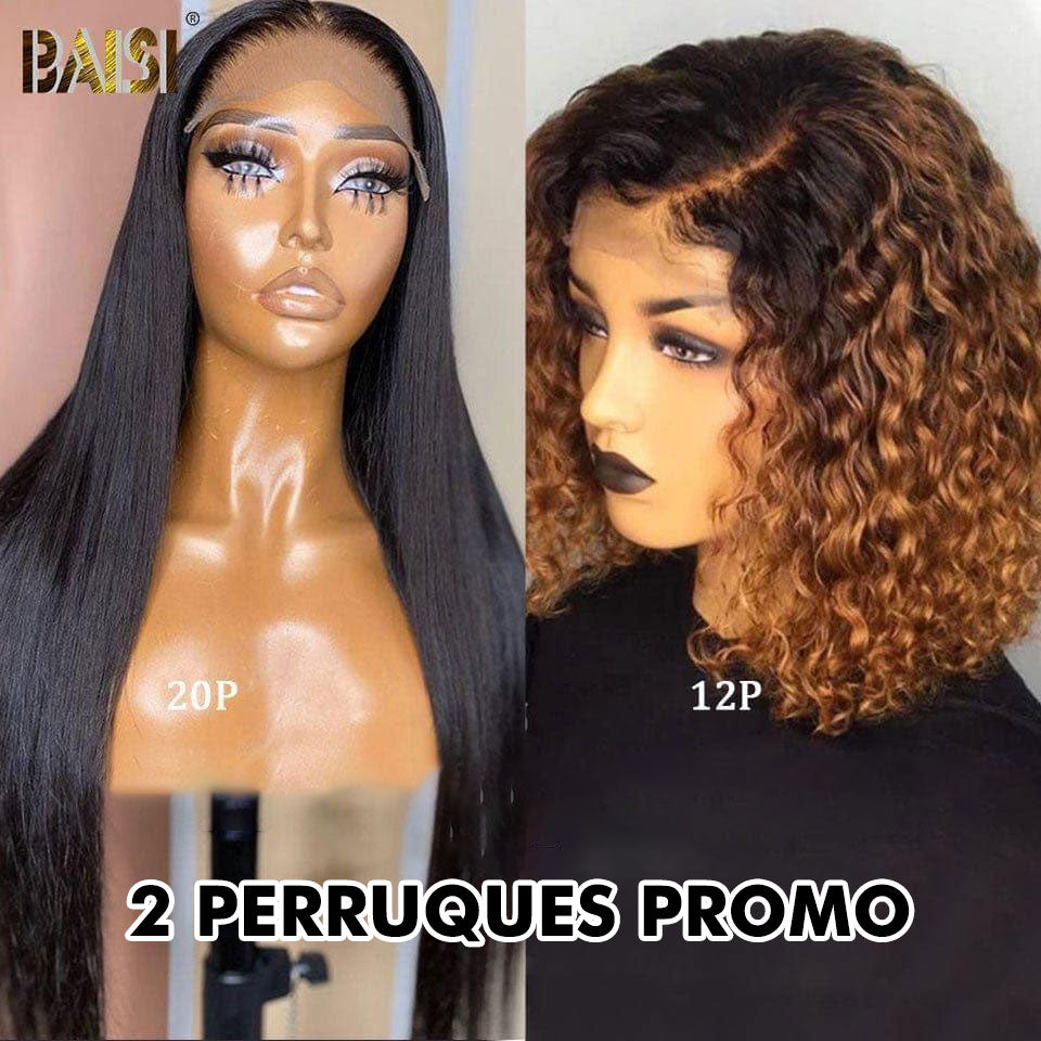 BAISI 2 wigs promo Straight 13X4 lace 4#27# and 4X4 lace 99J# ASHLEY CURLY BROWN CUT WIG SET PLUS CLOSURE NATURAL COLOR STRAIGHT WIG