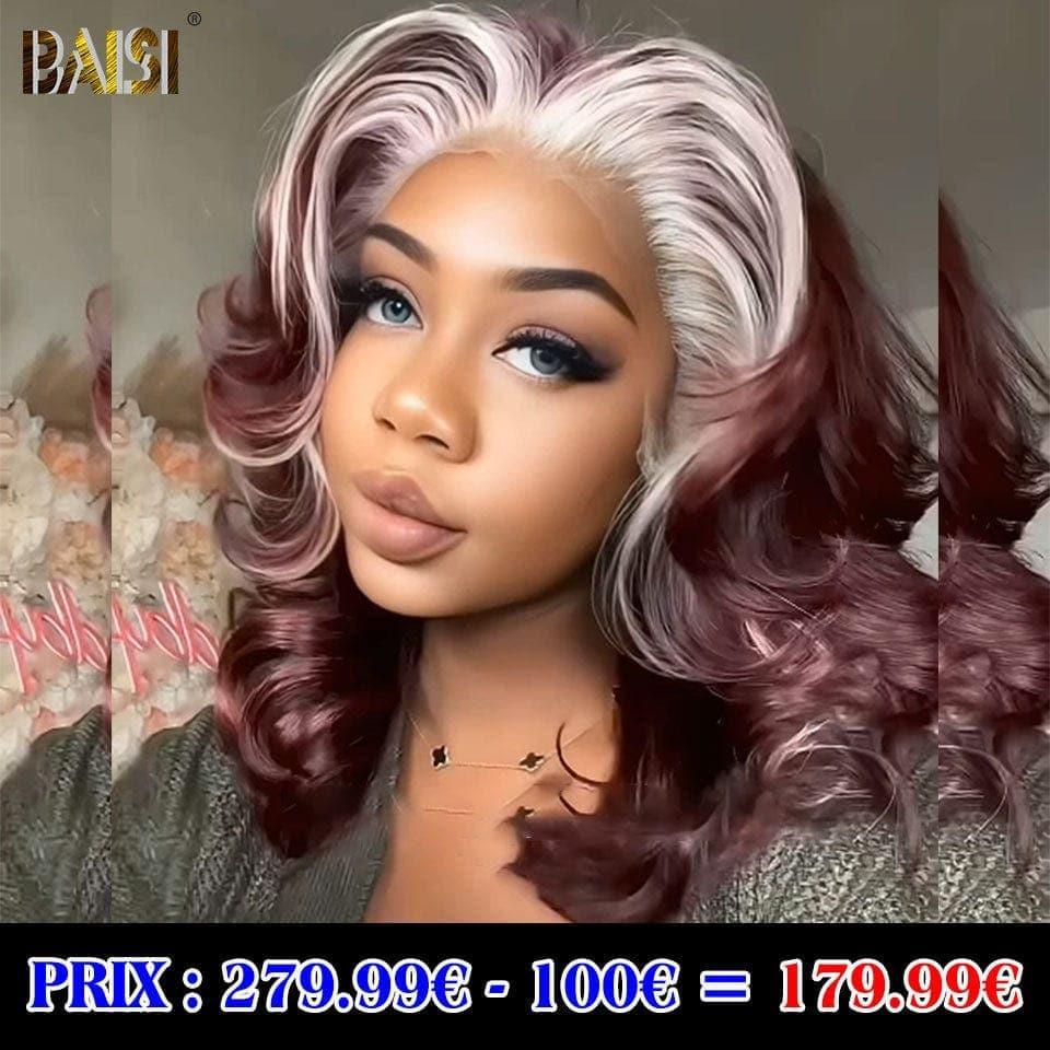 BAISI 4 Perruques 239€ 4 types de perruques différents ou 13x4 Frontal Perruque Body wave 16 pouces en Couleur Rouge-violet Mix Blonde en 100% Raw Hair VIP100