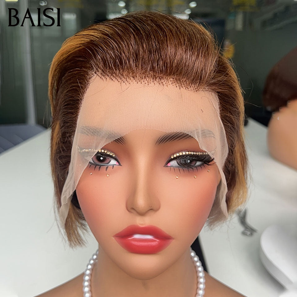 BAISI Perruque 13x4 Lace Frontal Pixie Lisse Marron Miel 59€ Seulement Perruque Spéciale pour les Vacances en 100% Cheveux Humains