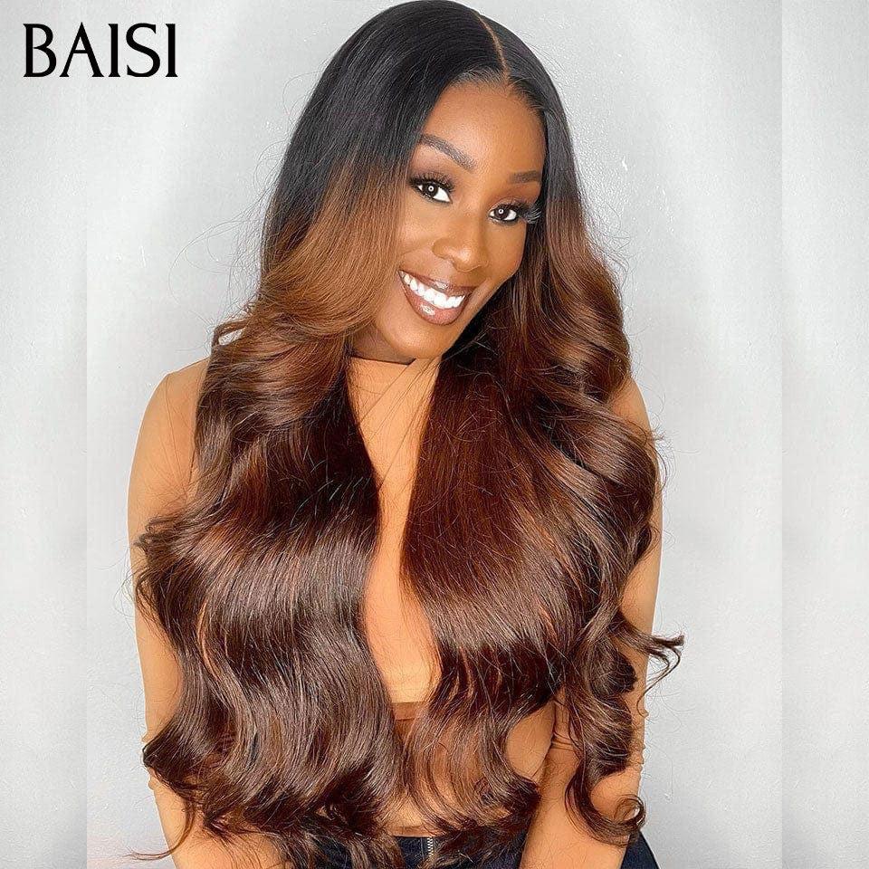 BAISI 13x4 Frontal-Körperwellen-Perücke in Braun #1B4, vorgezupft, kein Kleber erforderlich, aus 100 % Rohhaar, Spitze bereits geschnitten