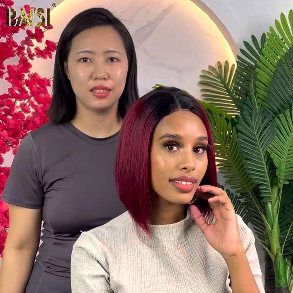 BAISI 2X6 Lace Straight Square Wig Black Red Bordeaux 1B99J