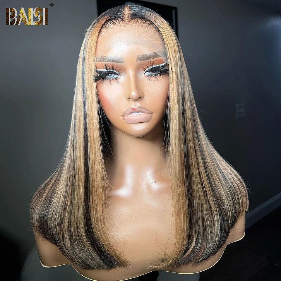 BAISI 13x4 Lace Frontal Perruque lisse 16et22pouces en couleur Noir Mixte Miel 1B#27# en 100% Cheveux Humains