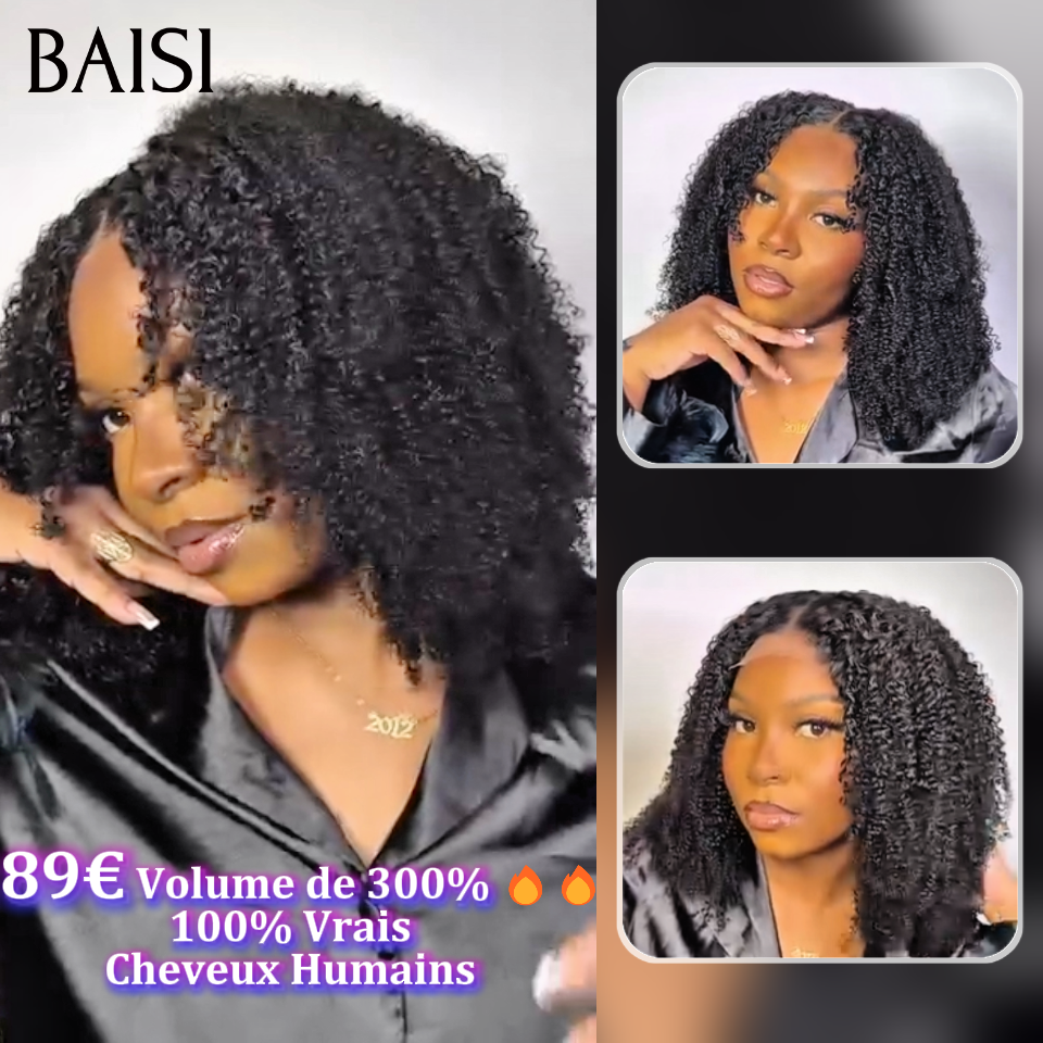 BAISI Grande SOLDES Perruque Naturelle Curly 12 Pouce 300% Densité Sans Colle Lace déjà couper Facile à Porter en 100% Vrais Cheveux Humains