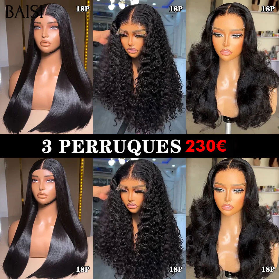 BAISI Lot de 3 perruques PROMOTION 230€ 4X4 lace closure 18 Pouces curly wave et body wave et lisse NOIR en 100% vrais cheveux humains VIP100