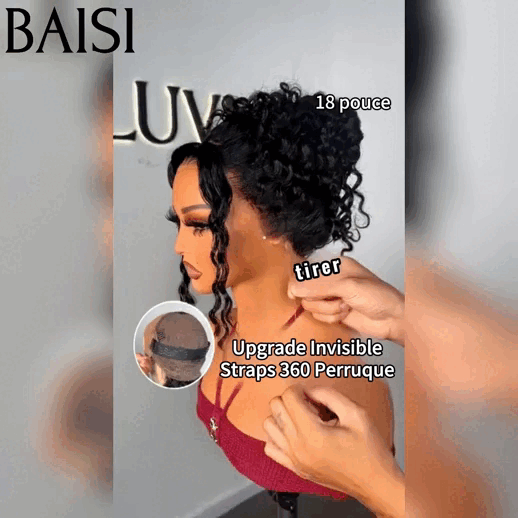 BAISI Perücken-Upgrade, unsichtbarer Riemen, 360-Frontal-Perücke, tiefe Welle, lockig, verstellbare unsichtbare Riemen, vorgezupft, kein Kleber erforderlich, 250 % Dichte in 100 % Rohhaar, Spitze bereits geschnitten