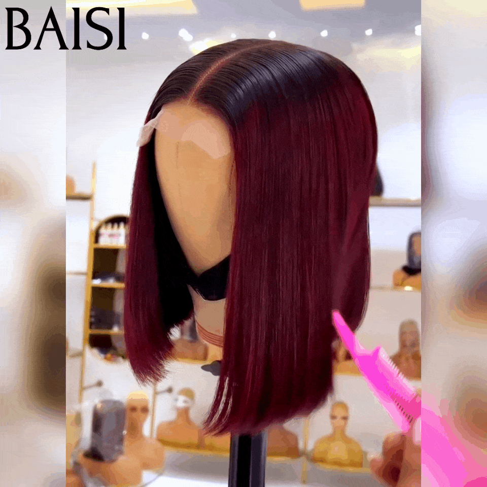BAISI 2X6  Perruques de Luxe Haute Qualité Viêtnam Hair  Lisse BOB en Couleur  Bordeaux avec racine noir 1BT99J# en 100% Cheveux Humains