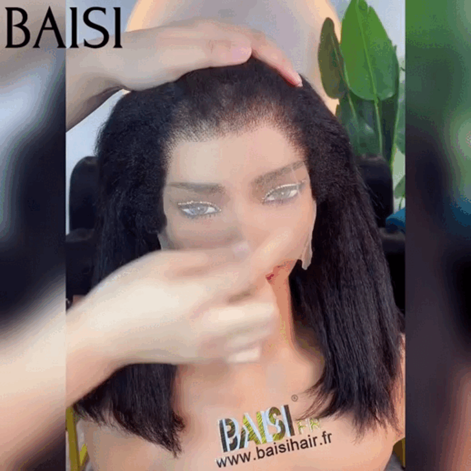 BAISI 13X4 Perruque Bob Kinky Straight En Noir 12 pouces en 100% Raw Hair 4C Hairline Vietnam Hair 300% densité plus de 20 ans d' utilisations B