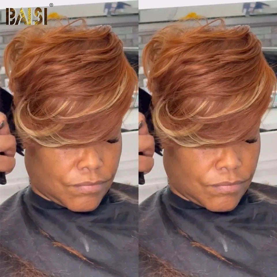 BAISI Perruque Full Lace 100% Cheveux Naturels Ondulée Coupe Pixie Full Lace Perruque personnalisée Lisse en Couleur Marron Mix 613 en 100% cheveux humains MP50