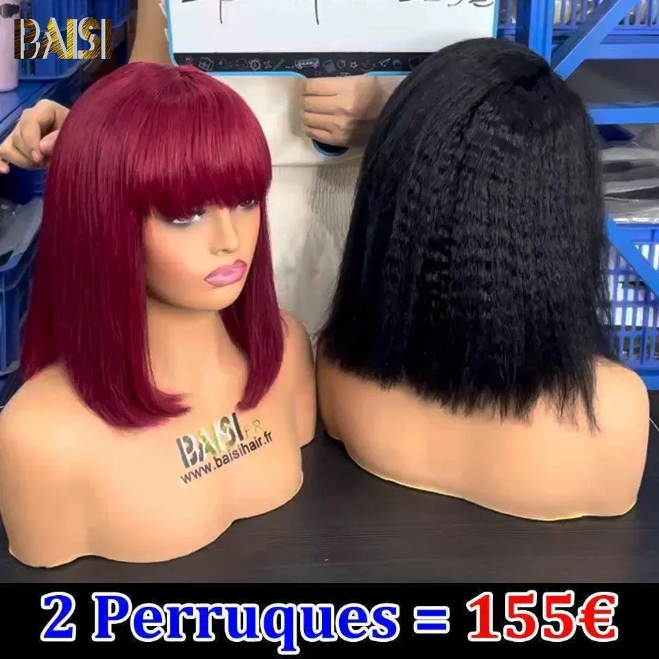 BAISI Promo Limitée 2 perruques 150€ 2X6 lace DE luxe 99J et Mixte 10 Pouces ou 2 perruques 155€ 13X4 kinky staight 12 pouces et sans Colle Bob avec Frange 10 Pouces en 100% vrais cheveux humains