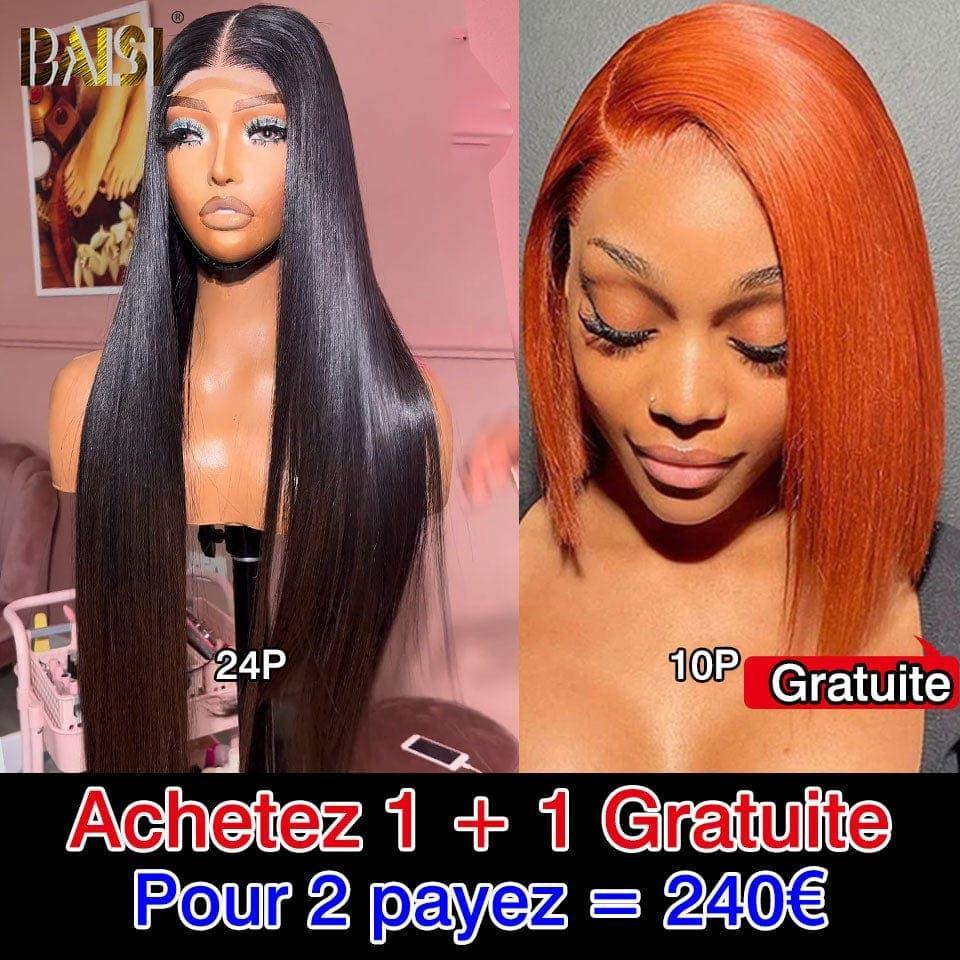 BAISI 2 perruques 120€ 2X4 lace lisse avec frange et 4X4 lace closure Lisse 1BT4# 10 Pouces ou  Achetez 1 + 1 Gratuite = 240€ Perruque en 100% vrais cheveux humains