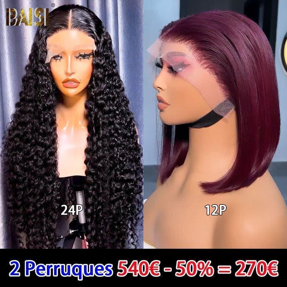 BAISI vente flash 2 perruques 270€ 4x4 curly wave et 13x4 lisse 12 pouces ou 2 perruques 349€ 13X4 laces 20 pouces curly et lisse  moitié prix en 100% vrais cheveux humains mp50