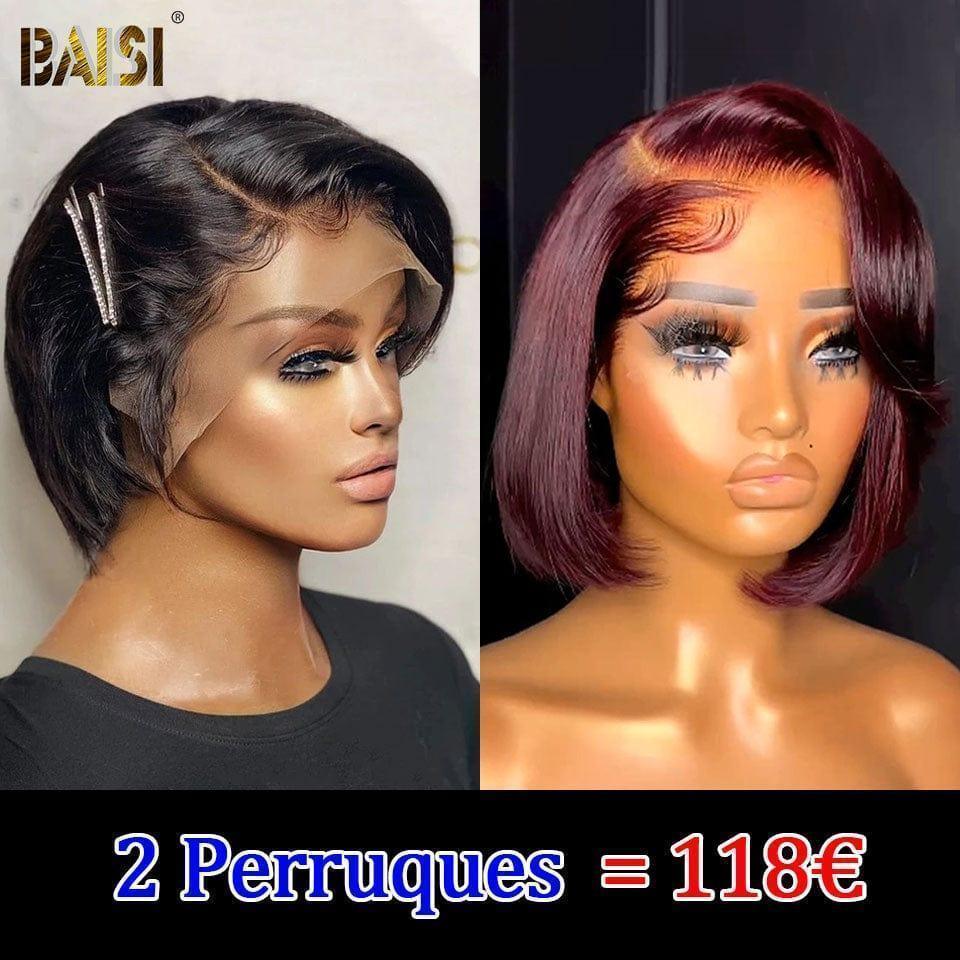 BAISI HAIR FR 2 Perrques 79€ 13X4 lace frontal curly wave noir et Mixte ou Achetez 1 + 1 Gratuite = 136€ bob deep wave avec Frange en couleur 1B et 99J# ou 2 Perruques Pixie 118€ En 100% Cheveux Humains